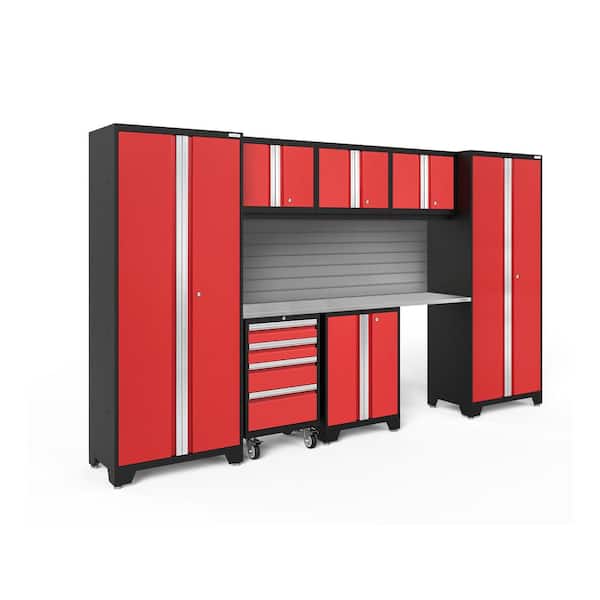 NewAge Products Bold Series 132 in. W x 76.75 in. H x 18 in. D 24-Gauge Steel Garage Cabinet Set in Red (8-Piece)