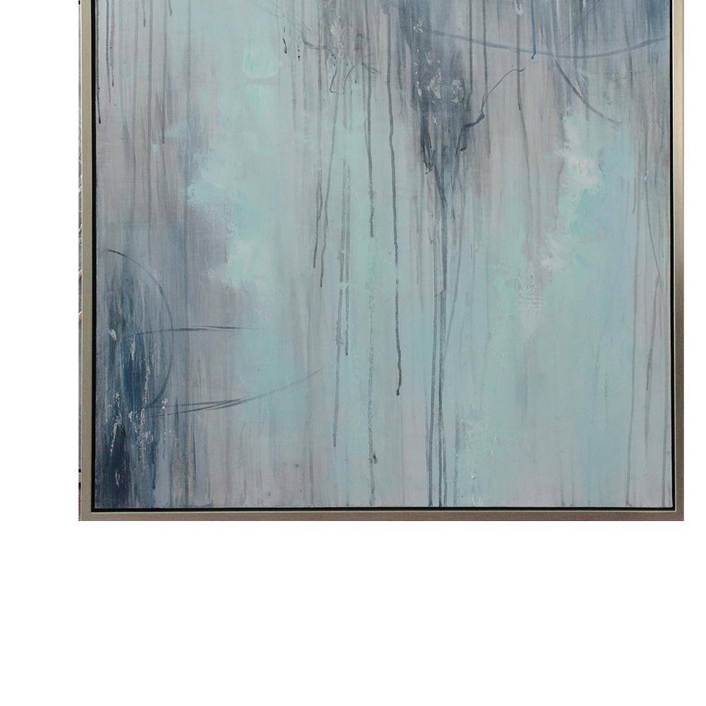 Blue and White Abstract Oil Painting on Canvas with Silver Frame