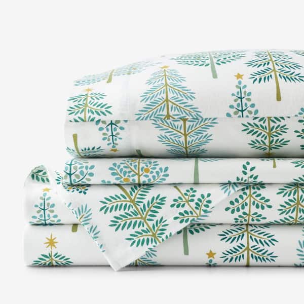 The Company Store Company Cotton Classic Holiday Print Teal Yule Tree Velvet Flannel Queen Sheet Set