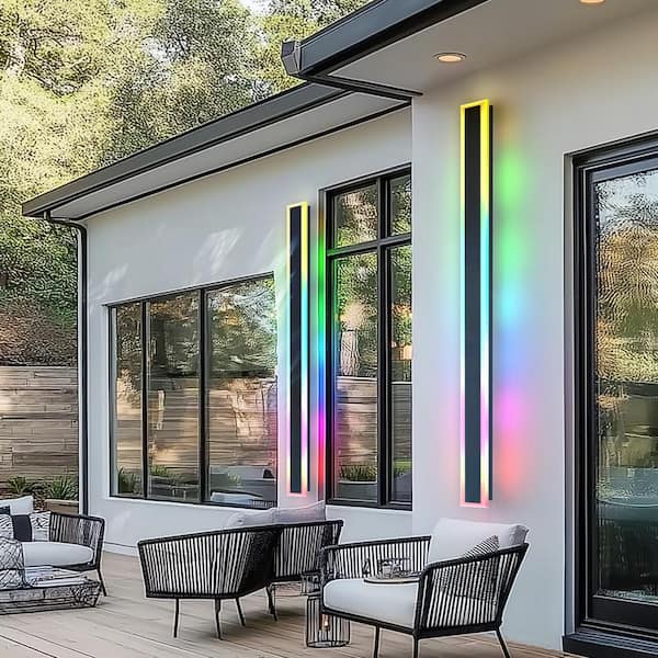 1-Light 37 in. Black Modern RGB LED Outdoor Wall Lantern Sconce, Waterproof Porch Light for Garden