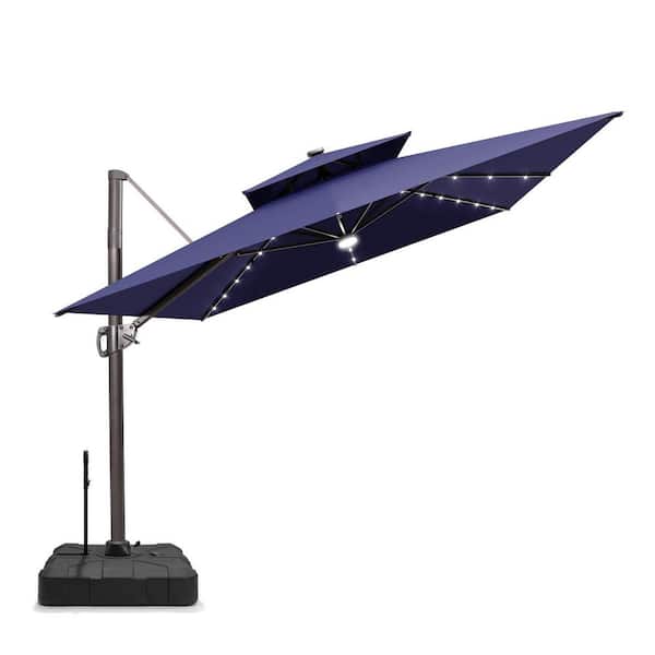 11 ft. x 9 ft. Aluminum Solar LED Cantilever Offset 360° Rotation Patio Umbrella in Navy Blue with 350 lbs. Base