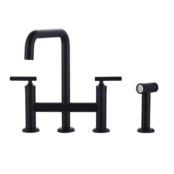Double Handle Bridge Kitchen Faucet, Deck Mount Kitchen Sink Faucet with Side Sprayer in Matte Black﻿
