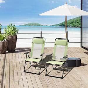 2-Piece Folding Recliner Metal Patio Chaise Outdoor Lounge Chair with Adjustable Backrest and Removable Headrest, Green