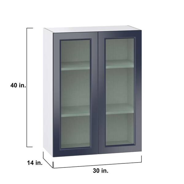 J COLLECTION 18 in. W x 40 in. H x 14 in. D Devon Painted Blue Recessed Assembled Wall Kitchen Cabinet with Glass Door and Drawer