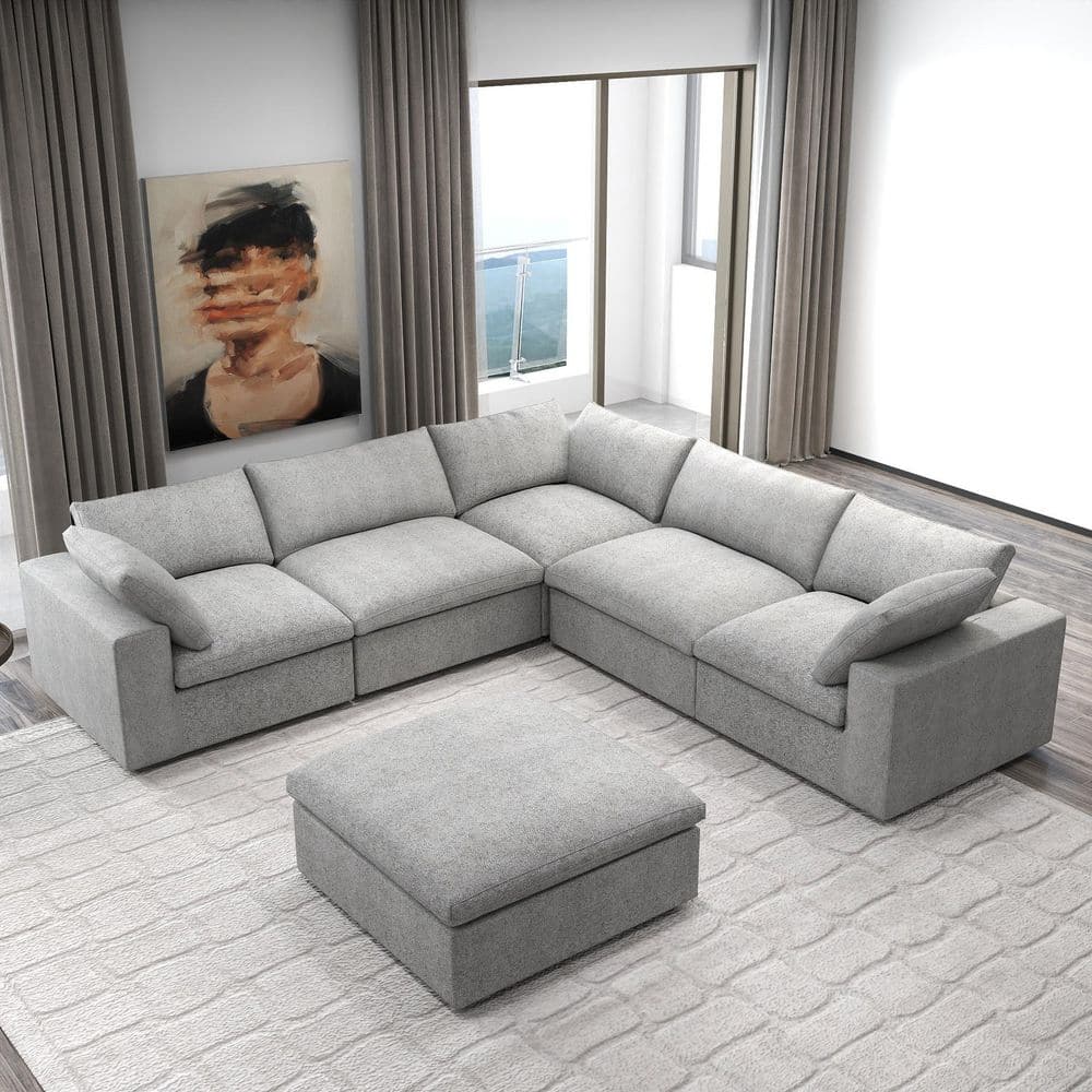 6-Piece Gray Linen Modular Free Combination Sectional Sofa Living Room Set with Removable Covers and Ottoman