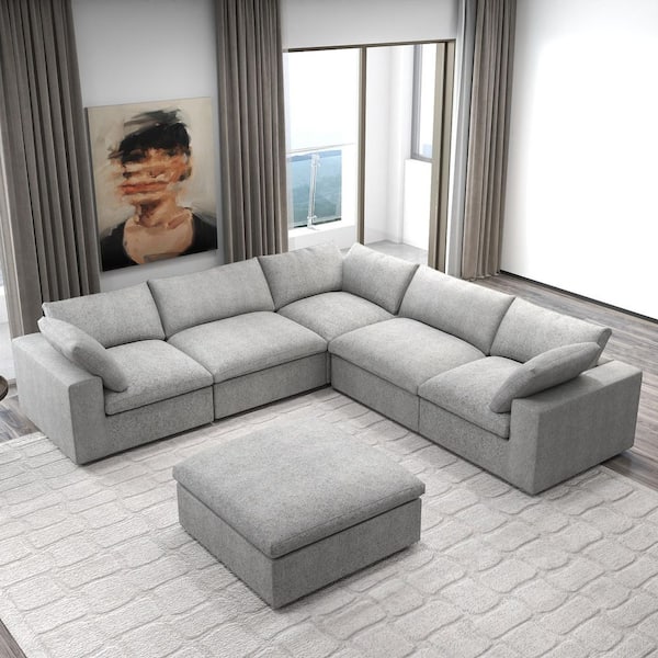 J&E Home 6-Piece Gray Linen Modular Free Combination Sectional Sofa Living Room Set with Removable Covers and Ottoman