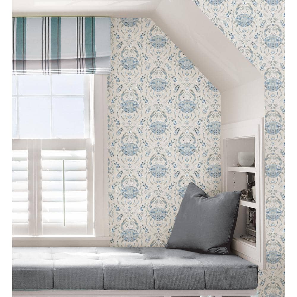 Blue and White Vinyl Damask Peel and Stick Wallpaper