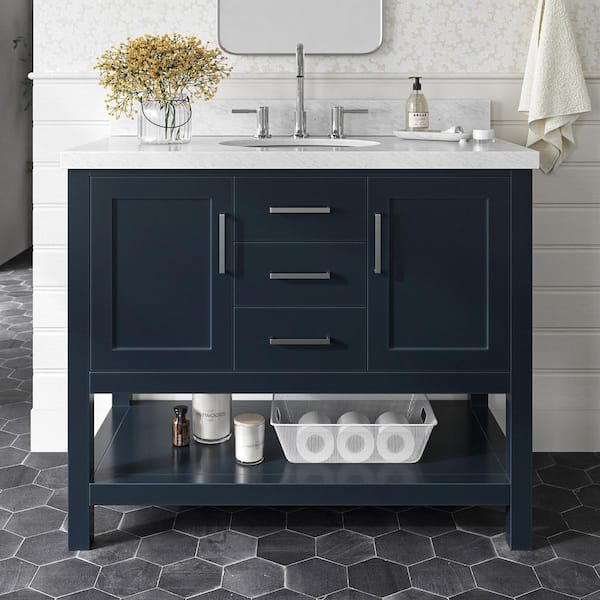 ARIEL Bay hill 43 in. W x 22 in. D x 36 in. H Bath Vanity in Midnight Blue with Carrara White Marble Top
