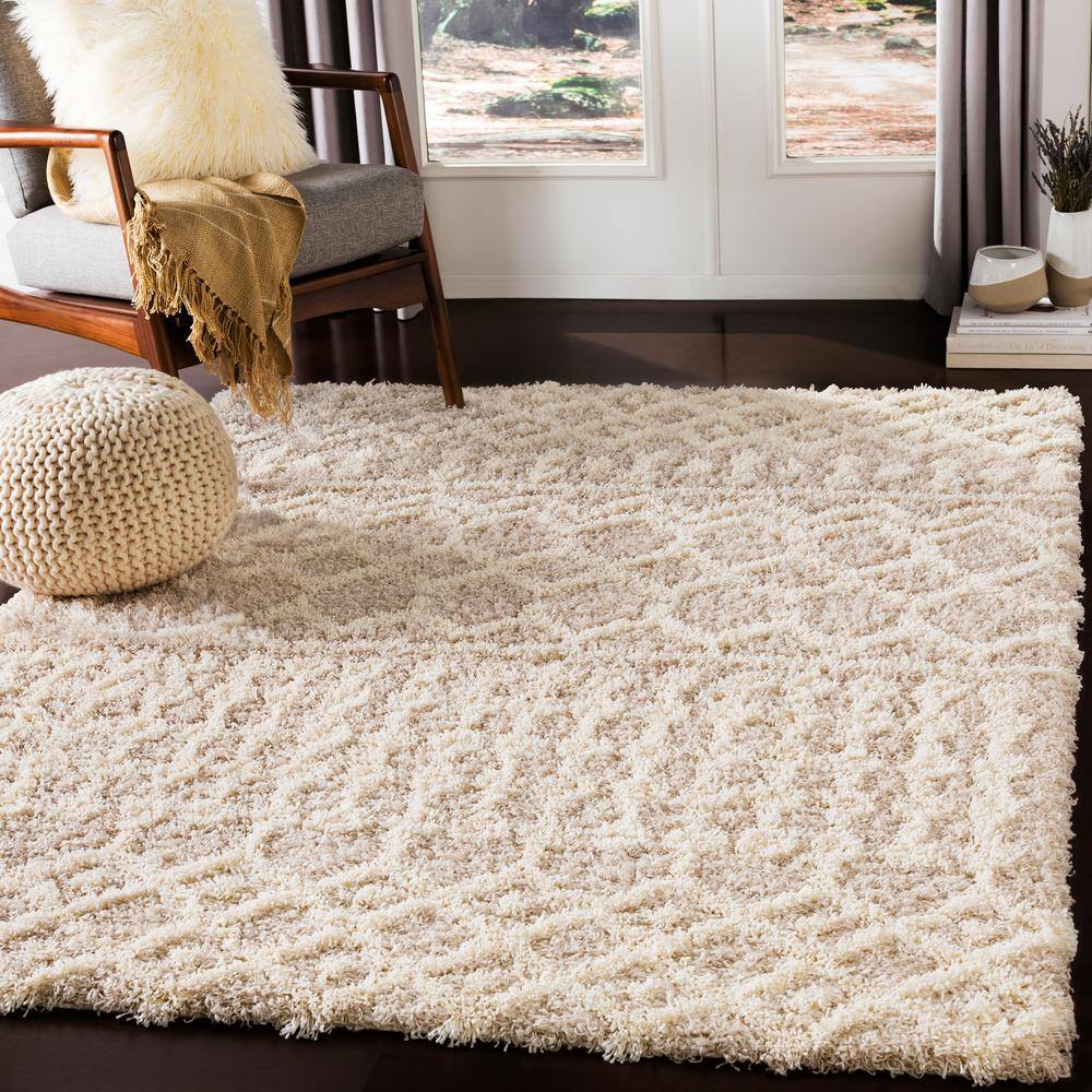 Beige Moroccan Shag Area Rug, 8'10" x 12', Polypropylene