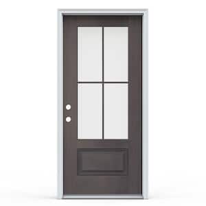 36 in. x 80 in. 1-Panel Right-Hand/Inswing 4-Lite Clear Glass Earl Grey Fiberglass Prehung Front Door with Brickmould