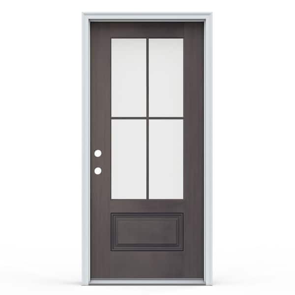 JELD-WEN 36 in. x 80 in. 1-Panel Right-Hand/Inswing 4-Lite Clear Glass Earl Grey Fiberglass Prehung Front Door with Brickmould