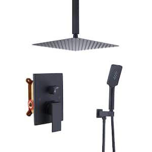 Single-Handle 3-Spray Square 10 in. Ceiling Mount Rainfall Shower System with Anti-Scald Valve, Handheld in Matte Black