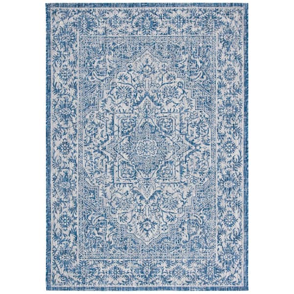 Courtyard Navy/Light Gray 5 ft. x 8 ft. Border Medallion Floral Indoor/Outdoor Patio  Area Rug