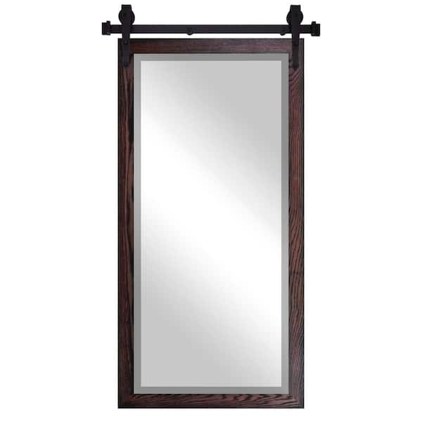 Rayne Mirrors (32 in. W x 66 in. H) Black Cherry Vertical Oak Hardwood Beveled Mirror with Steel Barndoor Rail