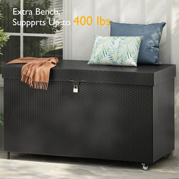 Unbranded 200 Gallon Wicker Deck Box with Wheels, All-Weather Outdoor Storage Box for Outdoor Cushions, Garden Tools, Black