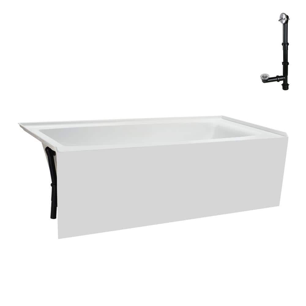 Glossy White Acrylic Rectangular Alcove Bathtub with Polished Chrome Drain