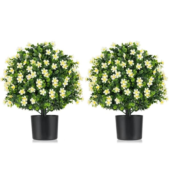 2 Pack 1.8 ft. Artificial Boxwood Topiary Ball Tree Faux Shrub Bushes with Flowers White