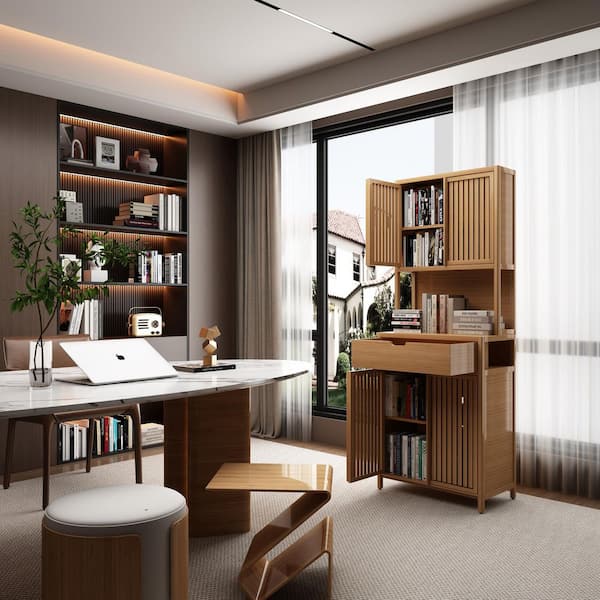 Calypso Natural 72.72 in. H Freestanding Accent Storage Cabinet with 4 Doors, Drawer, Open Storage