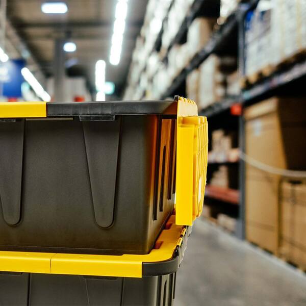 HOMZ Durabilt 15 Gal. Tough Flip Lid Storage Tote in Black/Yellow