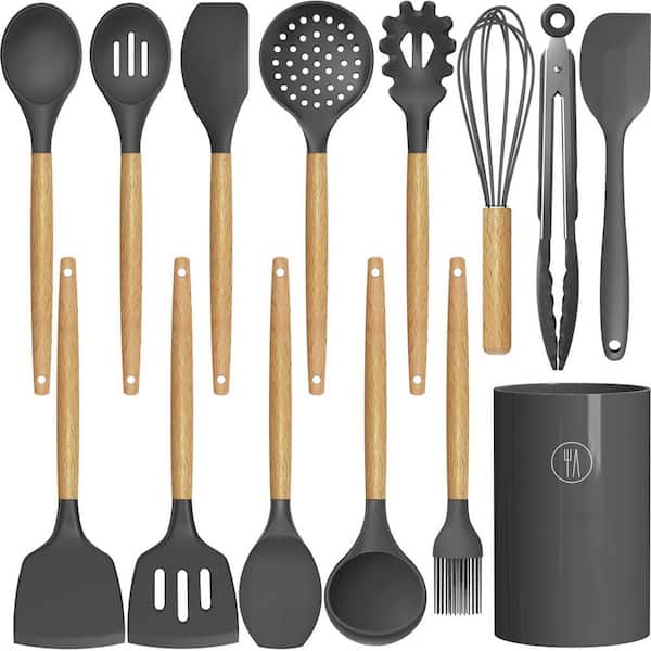 14 Piece Gray Silicone Cooking Utensils Kitchen Utensil Set 446°F Heat Resistant Spatula Turner Tongs Spoon Brush Whisk