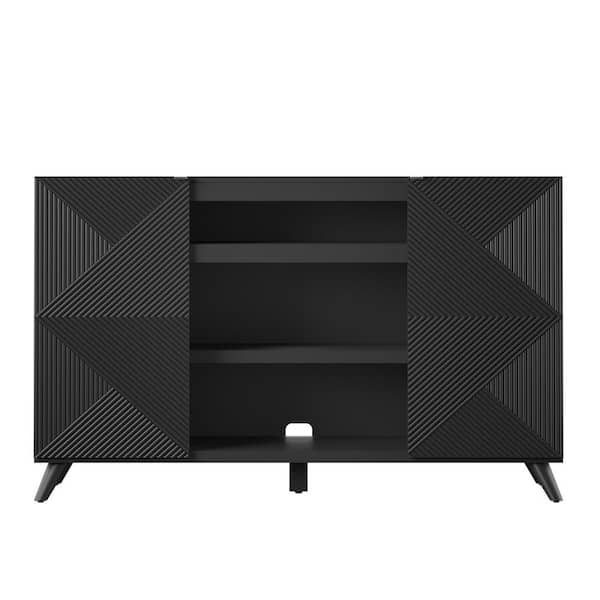 Twin Star Home 55.63 in. Black TV Stand with Geometric Doors Fits TV's up to 60 in. with Adjustable Shelves