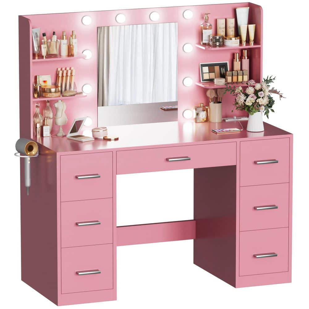 Makeup Vanity With Lights in 3-Colors, Vanity Desk with Large Mirror, Drawers and Shelves, White - thumbnail 4