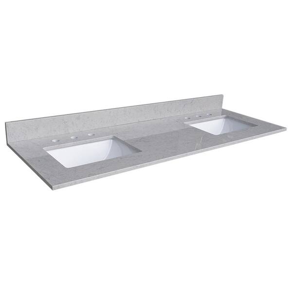 INSTER 61 in. W x 22 in. D Stone Bathroom Vanity Top in Carrara Gray with White Rectangle Double Sinks-3H