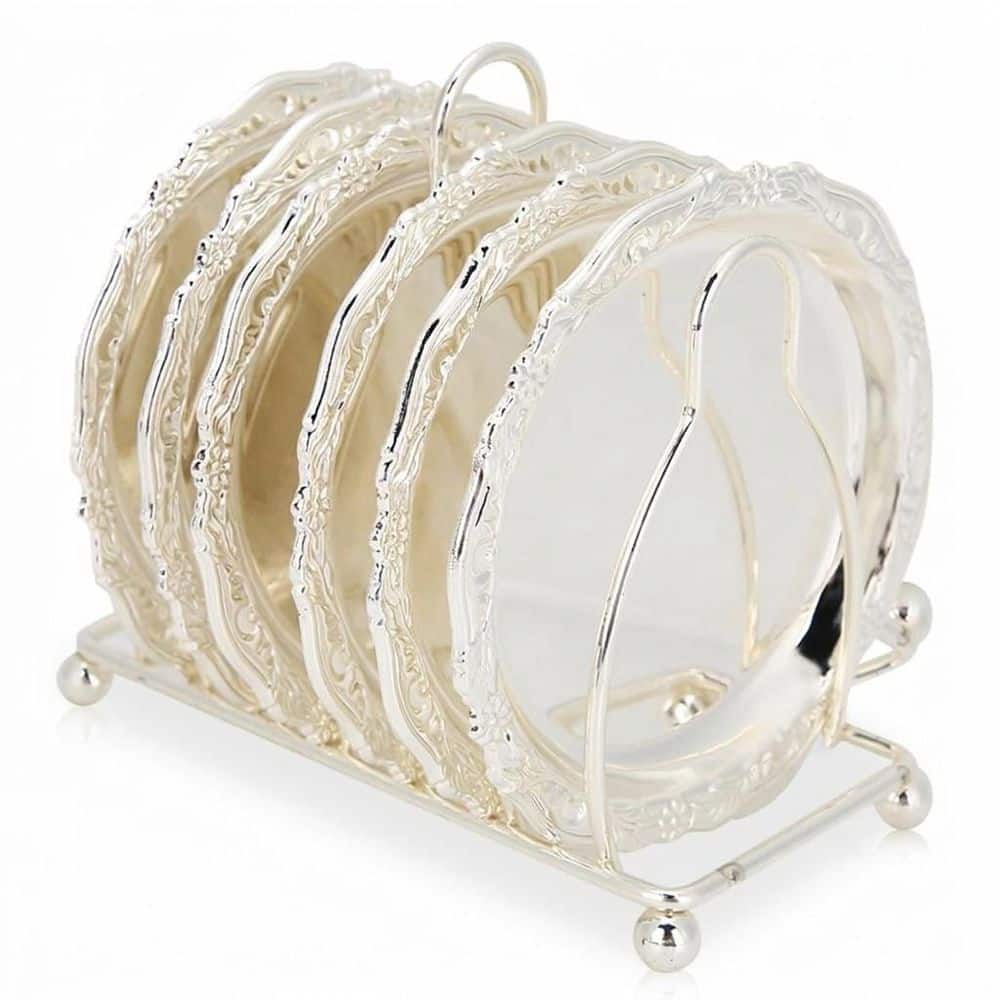 1 Set Rustic Gold Drink Coasters with Holder, 4 in. Heat Insulation, White, Table Decor, Kitchen, Bar price history on PriceWatchPro