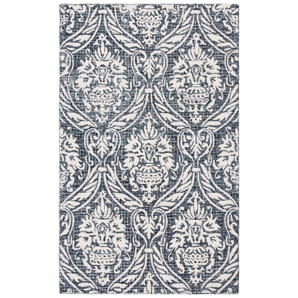 Ivory and Navy Abstract Handmade Wool Area Rug
