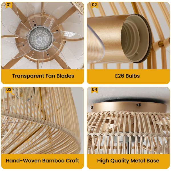 KAISITE 20 in. 4-Light Indoor Gold Rattan Ceiling Fan with
