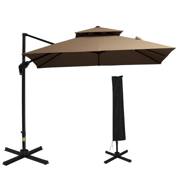 Huluwat 10 ft. Aluminum Cantilever Patio Umbrella in Brown with 360° Rotation, Easy Tilt, 8 Ribs, Crank, Cross Base, Strap