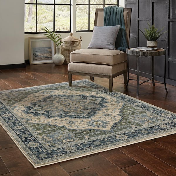 Ambrose Blue/Beige 10 ft. x 13 ft. Center Oriental Medallion Polyester Fringe Edge Indoor Area Rug