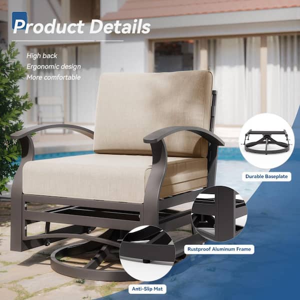 7-Seat Aluminum Patio Conversation Set with armrest, Firepit Table, Swivel Rocking Chairs and Sand Cushions