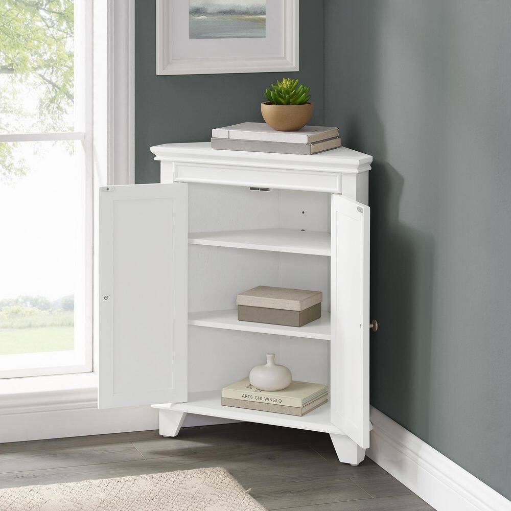 White Wooden Corner Bathroom Cabinet with Adjustable Shelves