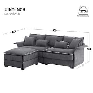 95 in. Square Arm Fabric L-shaped Sofa with Bentwood Armrests in. DARK GREY