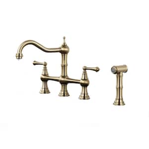 Double Handle Bridge Kitchen Sink Faucet with Side Sprayer in Gold