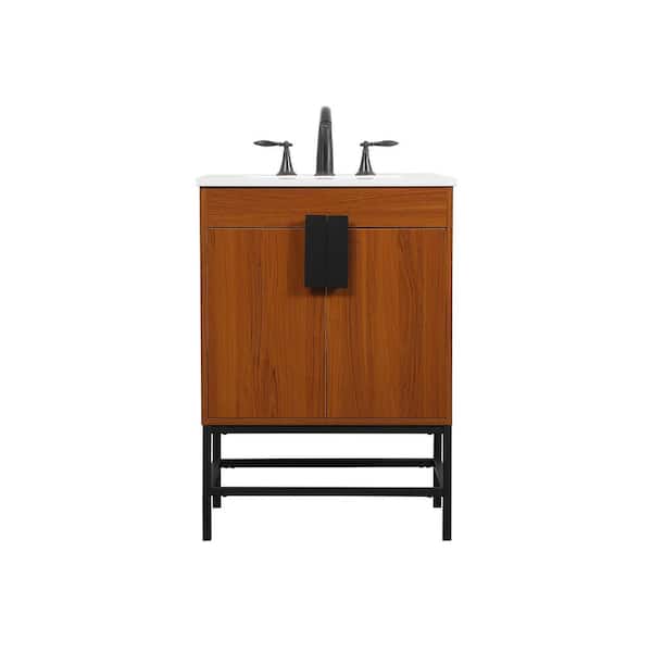 Unbranded Simply Living 24 in. W x 19 in. D x 33.5 in. H Bath Vanity in Teak with Ivory White Engineered Marble Top