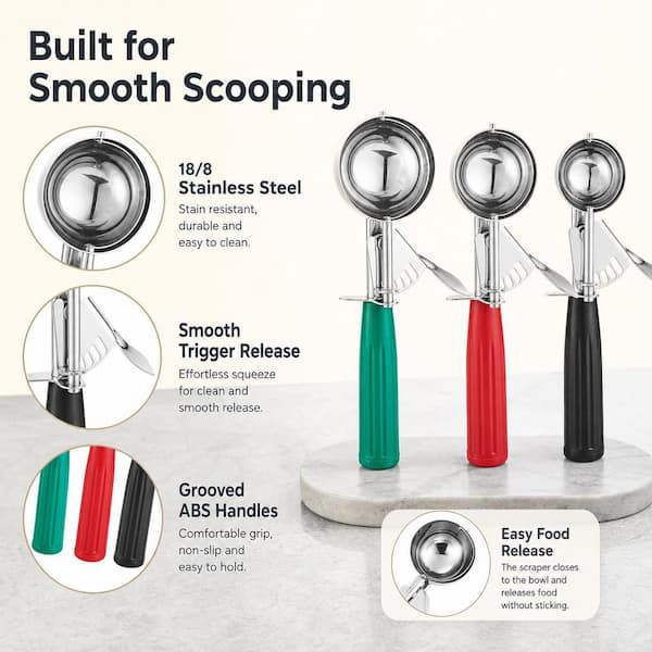 Numhew 3-Piece 18/8 Stainless Steel Cookie Scoop Set Multi-Colored