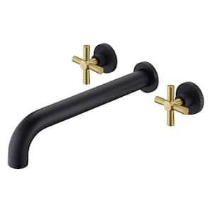 Cross Double-Handle Wall Mount Roman Tub Faucet with Valve in Black and Gold