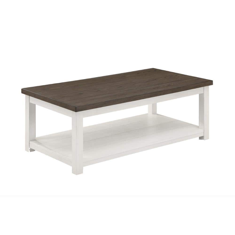 Mon 26 in. White and Brown Rectangle Wood Coffee Table with Bottom Shelf