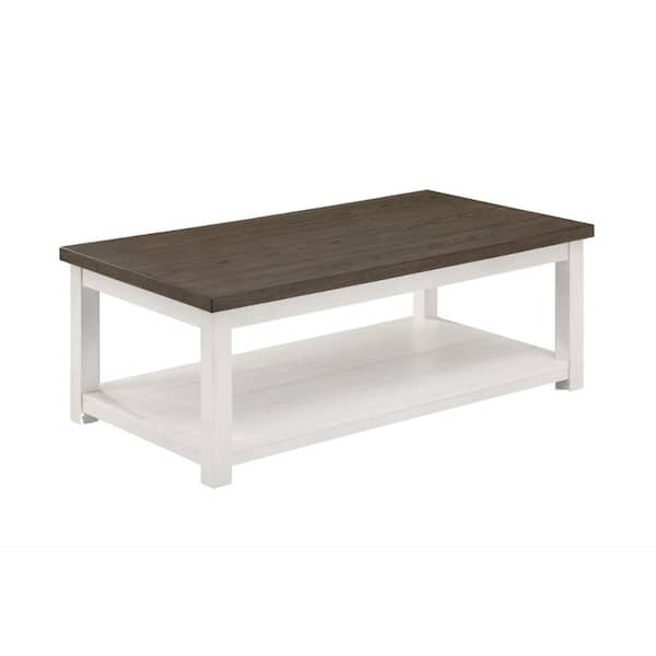 Benjara Mon 26 in. White and Brown Rectangle Wood Coffee Table with Bottom Shelf