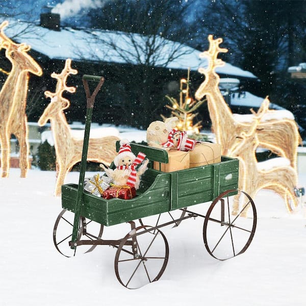 Wooden Garden Flower Planter Wagon Wheel Plant Bed Decorative Garden Planter for Backyard Garden Green