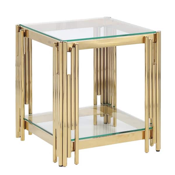 Unbranded Golden Stainless Steel Square Outdoor Coffee Table, End Table with Tempered Glass Top for Living Room, Bedroom