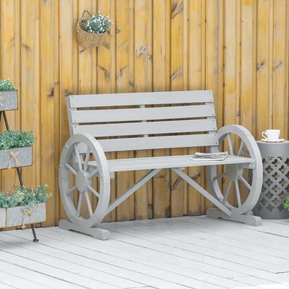 Charcoal Gray Fir Wood Wagon Wheel Outdoor Bench