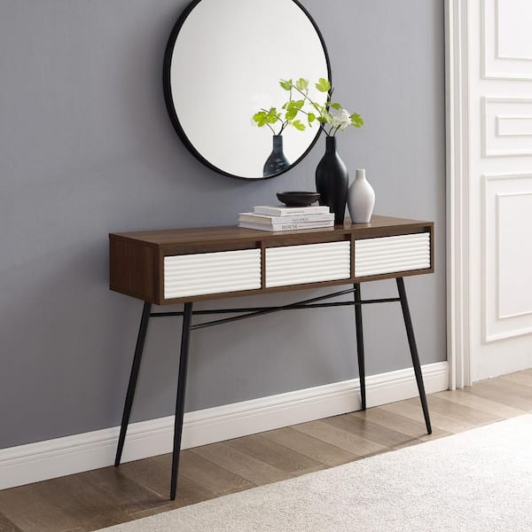 3 Drawer Rectangle Wood Console Table, Modern Console Table With Drawers Solid Wood Metal