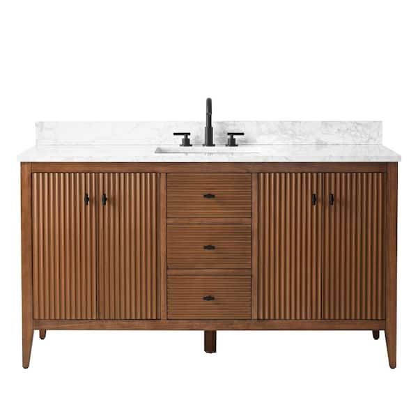 60 in. W x 22 in D x 38 in. H Single Sink Bathroom Vanity Cabinet in Linear Walnut with White Engineered Marble Top