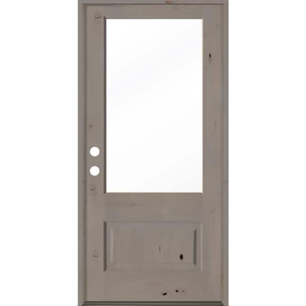 Krosswood Doors 36 in. x 80 in. Modern Farmhouse Knotty Alder Right-Hand/Inswing 3/4-Lite Clear Glass Grey Stain Wood Prehung Front Door
