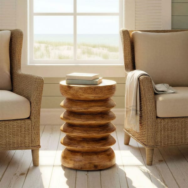 Sylvie 12.2 in. Honey Walnut Round Paulownia Wood Accordion End Table