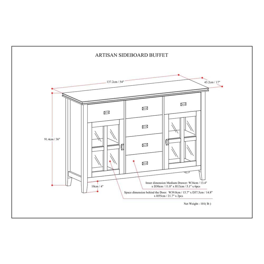 Artisan Solid Wood Sideboard Buffet in Black with Adjustable Shelves