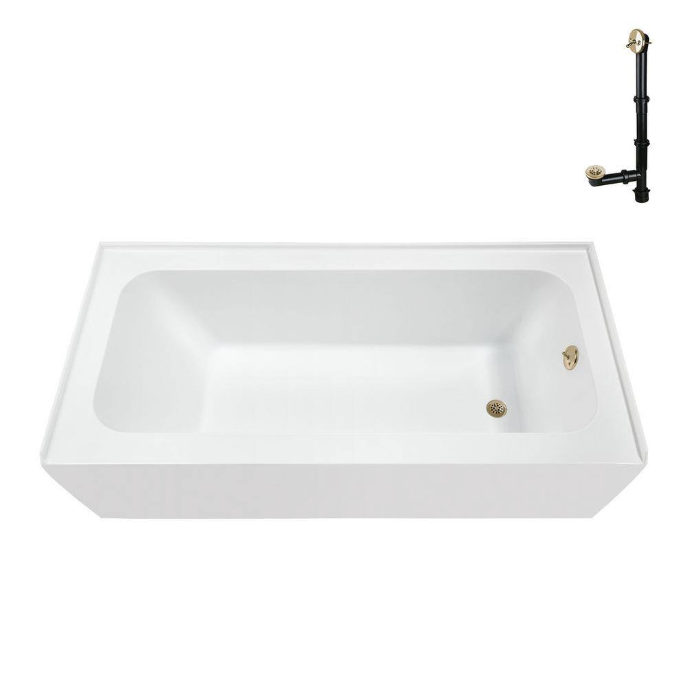 Glossy White Acrylic Rectangular Alcove Bathtub with Polished Brass Drain